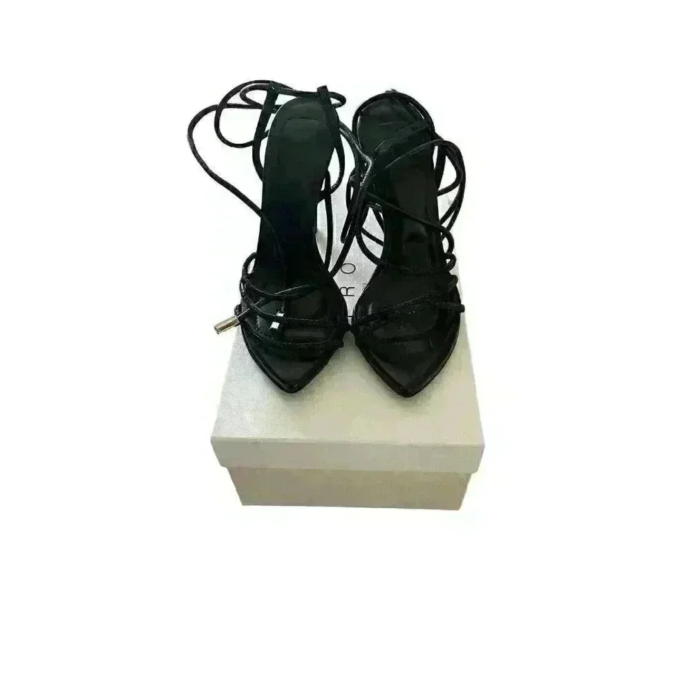 IRO PARIS IDO High Black Strass Leather Sandal Heels Rhinestones Lace Up Sz 37/7
